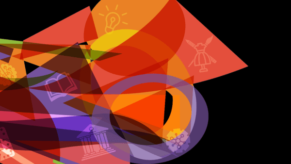 Abstract digital artwork with overlapping geometric shapes in red, orange, and purple hues on a black background. Faint icons like a light bulb, book, and dress are visible within the shapes, adding texture and symbolism.