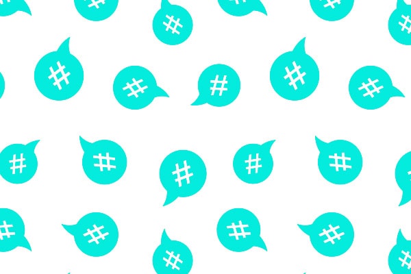 A pattern reminiscent of the Royal Society for the Arts features teal speech bubbles adorned with white hashtag symbols on a pristine white background.