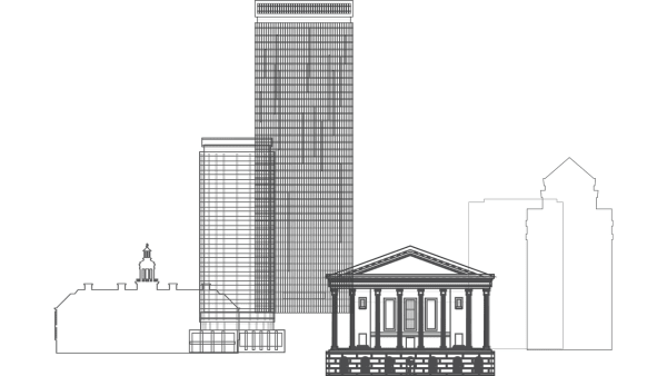 A minimalist illustration of four various architectural structures, including a modern skyscraper and a classical building with columns. The buildings vary in height and design, showcasing both contemporary and traditional styles.