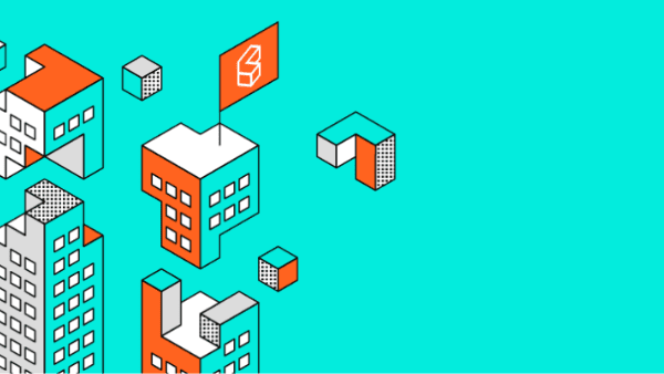 Abstract illustration of geometric buildings with orange, white, and blue color blocks on a turquoise background. A central building has an orange flag with a cube symbol. Surrounding smaller cubes and building elements are scattered around.