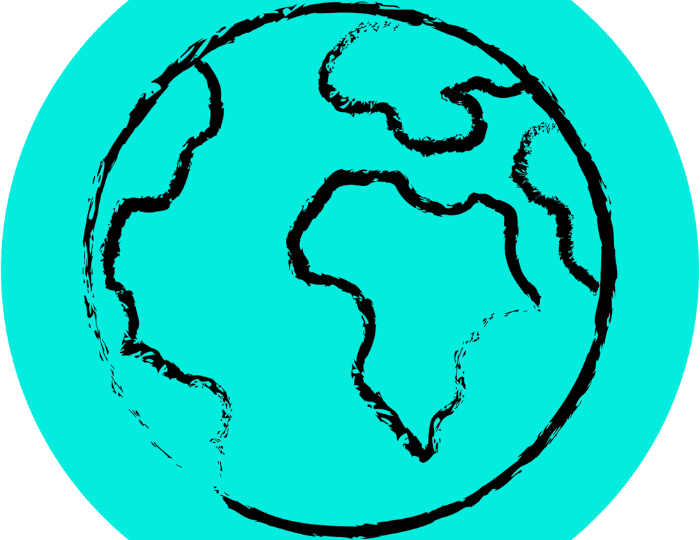 Simple drawing of a globe with black outlines of continents on a turquoise background. The map features a stylized representation that is not geographically precise.
