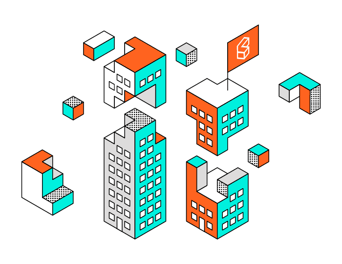 An illustration of several buildings in red, white, and teal, with geometric shapes and a flag on one building. The design has a blocky, isometric style on a white background.