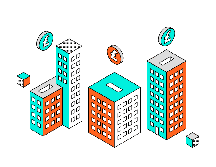 Isometric illustration of three skyscrapers in orange and teal. Three coins with pound symbols hover above them. Small cubes are placed around the buildings on a white background.