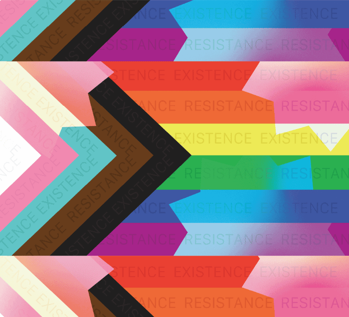 Colorful abstract design featuring the Progress Pride flag in a stylized, mirrored pattern, with “RESISTANCE” and “EXISTENCE” repeatedly overlaid. Inspired by the creative spirit of the RSA (Royal Society for the Arts).
