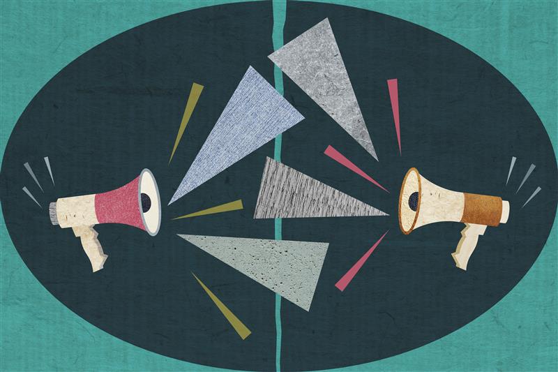 Two megaphones face each other across a dividing line, with colorful triangular sound waves and lines emanating from them, symbolizing a heated argument or communication clash. The background is dark teal.