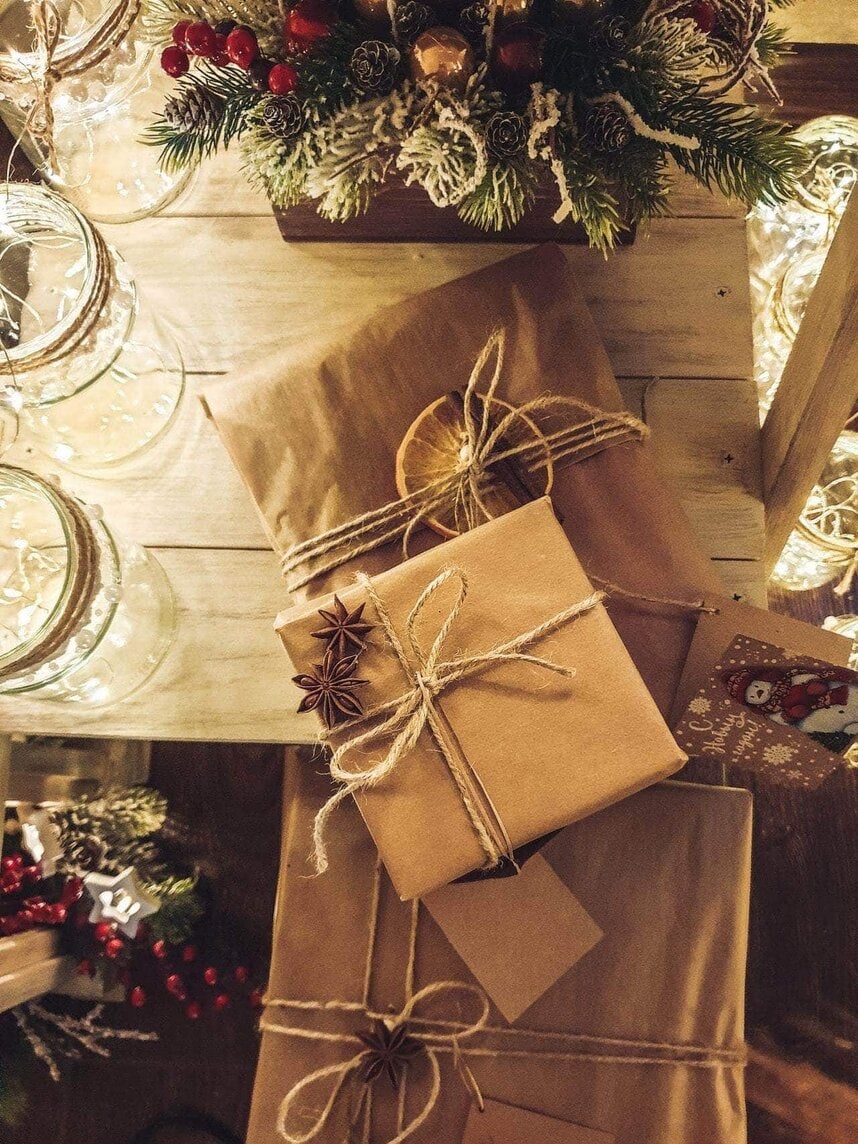 sustainably wrapped gift with brown paper