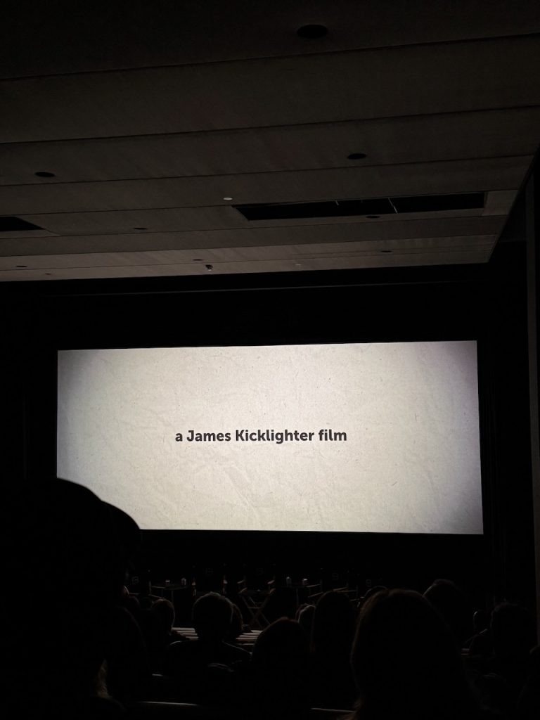 Movie theater screen displaying 'a James Kicklighter film' credit before UTA industry screening in Beverly Hills