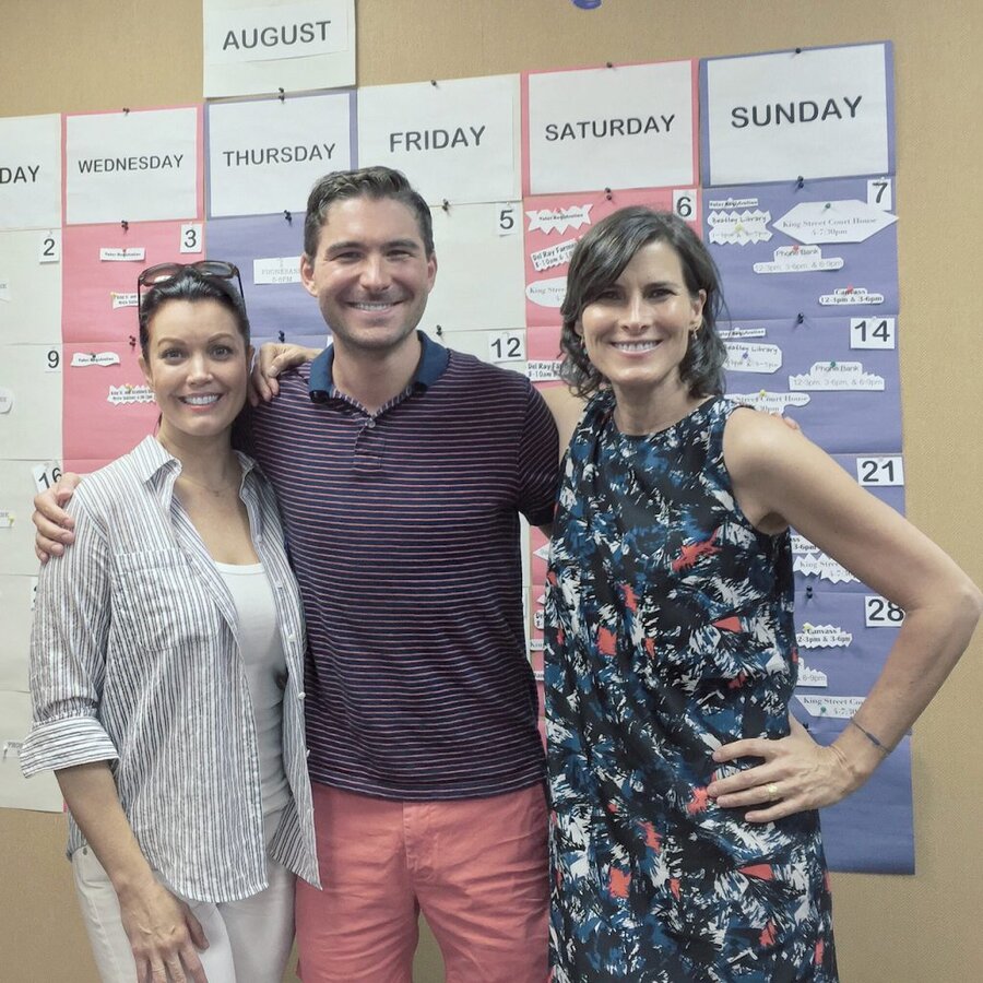 James Kicklighter, Claire Shipman and Bellamy Young pose in front of calendar wall during Hillary Clinton 2016 campaign documentary shoot in Virginia