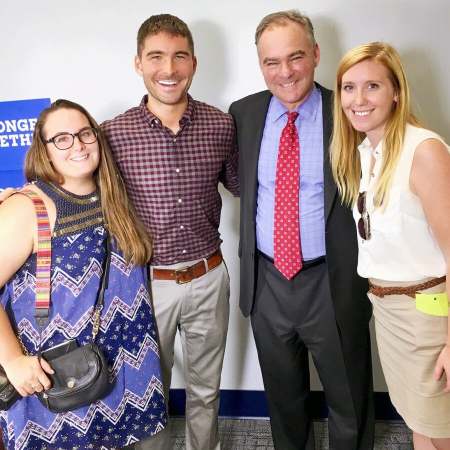 James Kicklighter and Sen. Tim Kaine posing together at Hillary Clinton campaign event in Virginia, November 2016