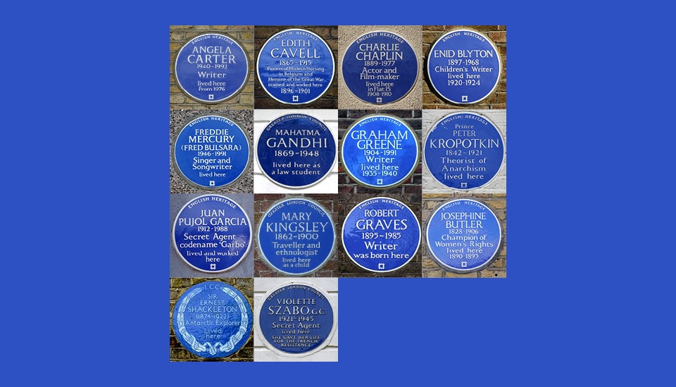 A grid of twelve blue historical plaques on a blue background, each commemorating a notable person, including Angela Carter, Mahatma Gandhi, Charlie Chaplin, and Edith Cavell, among others. Each plaque lists the person's name and their significance.