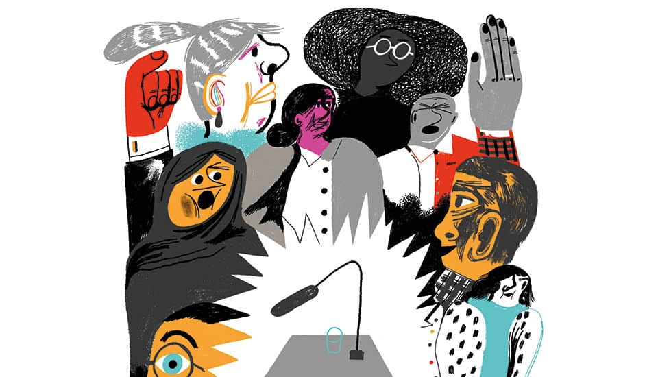 Illustration of a diverse group of abstract figures gathered around a table with a microphone. The figures have varied expressions and clothing, set against a white background, emphasizing animated engagement and conversation.