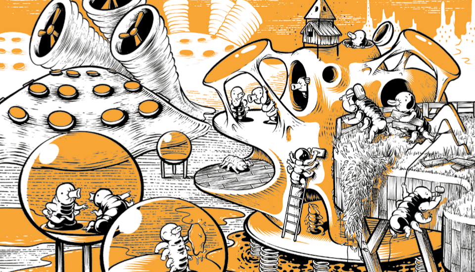 A whimsical illustration depicts gnome-like creatures in an imaginative village with unique structures. The scene features bubble-like habitats, curved tunnels, and ladders, all in a palette of orange and white with dynamic activity throughout.