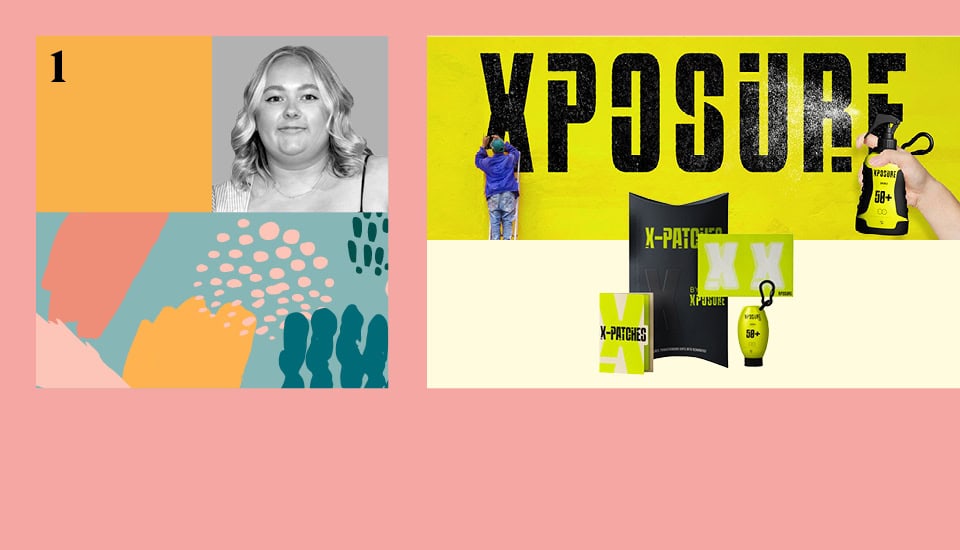 Split image featuring: Left side with a black-and-white photo of a person and abstract colorful patterns below; Right side showing two people painting "XPOSURE" on a yellow wall, and various "X-POSURE" branded items. Background is pink.