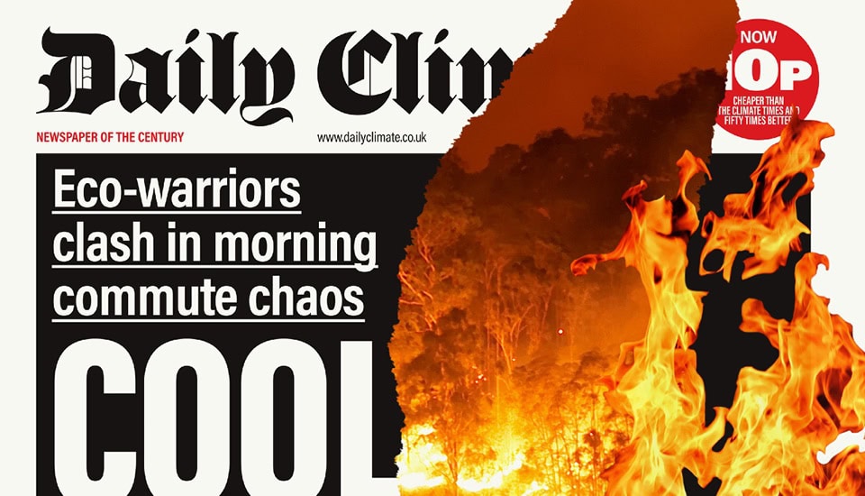 A newspaper cover titled "Daily Climate" shows a headline about eco-warriors and commute chaos. A large, fiery inferno with trees ablaze is featured prominently on the right, creating an intense, dramatic scene.
