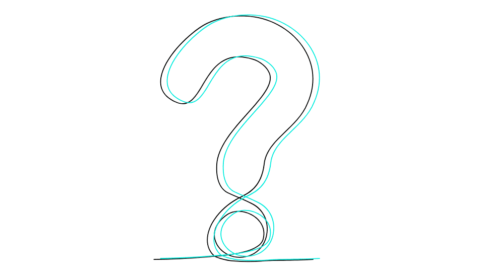 A continuous line drawing of a large question mark, outlined in teal and black on a white background. The lines intertwine and overlap to form the shape.