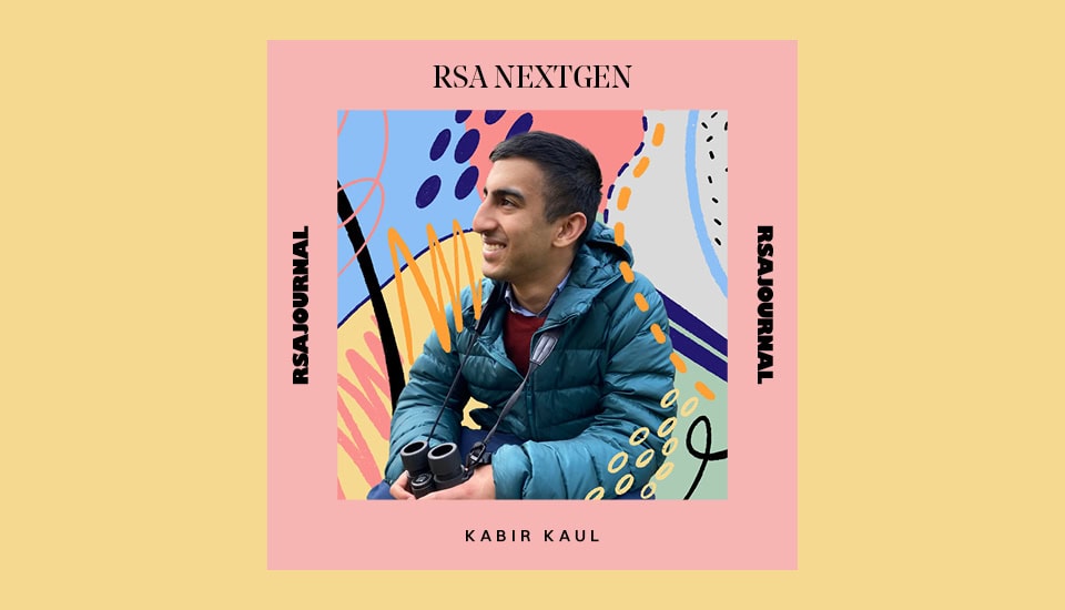 A man in a green jacket holds binoculars, smiling against a colorful abstract background. The frame is labeled "RSA NextGen" and "RSA Journal," with the name "Kabir Kaul" at the bottom.