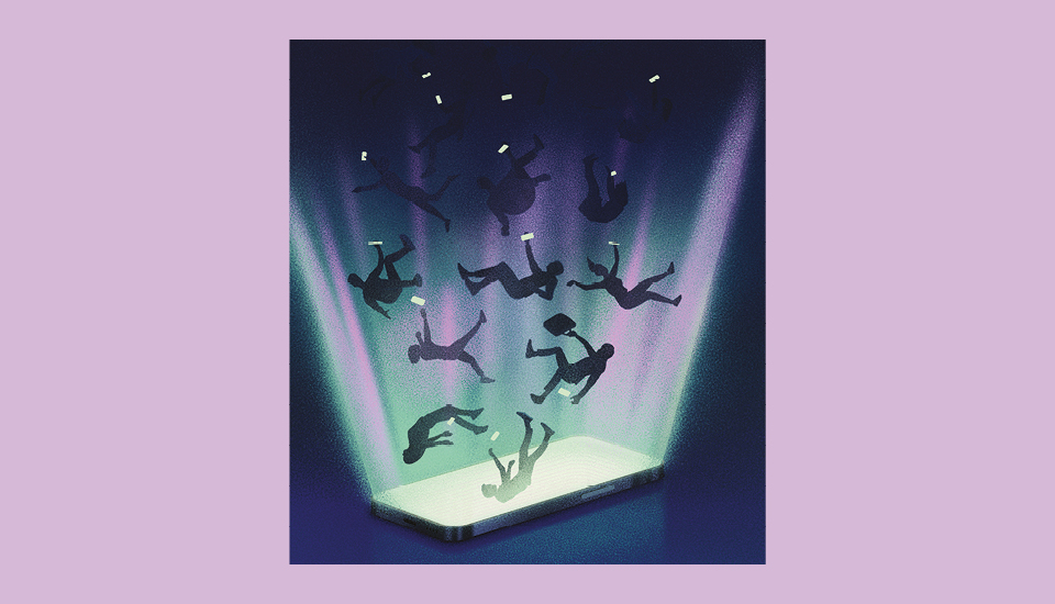 Silhouetted figures are falling toward a glowing smartphone lying flat on a surface. The phone emits colorful beams of light, creating an ethereal atmosphere. The background is a dark gradient, adding a sense of depth and mystery.