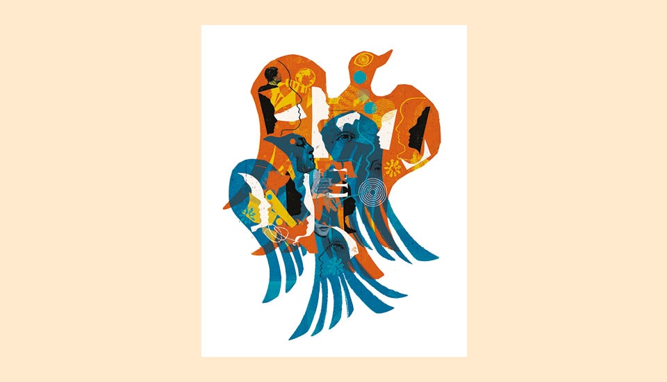 A vibrant, abstract illustration of overlapping, multicolored birds, primarily in orange and blue tones. Some birds have human figures and faces incorporated into their designs, creating a blend of organic and human forms on a light background.