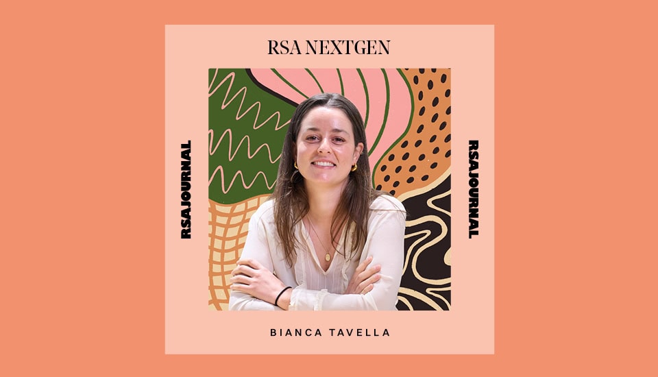 Portrait of a person smiling, wearing a light-colored shirt, seated with arms crossed. Background features colorful abstract patterns and text reads "RSA NextGen" and "RSA Journal." The name "Bianca Tavella" appears at the bottom.