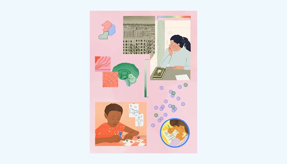Illustration with diverse artistic elements: a curious person looking out a window, another drawing a brain, colorful shapes, and a round inset of someone reading. The light pink background is adorned with scattered abstract designs that spark curiosity.