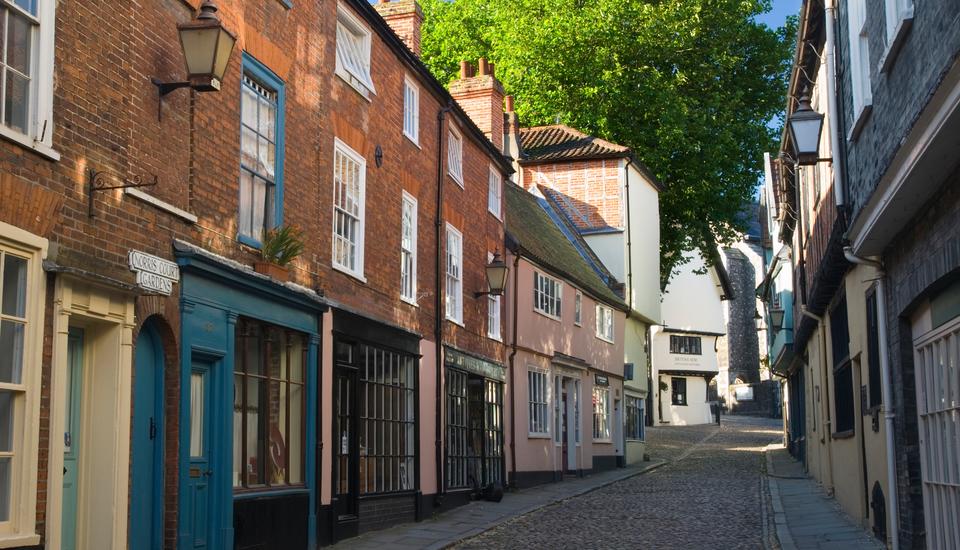 A narrow, cobblestone street lined with colorful historic buildings, sash windows, and old-style street lamps, with trees and sunlight in the background. The street gently curves uphill.