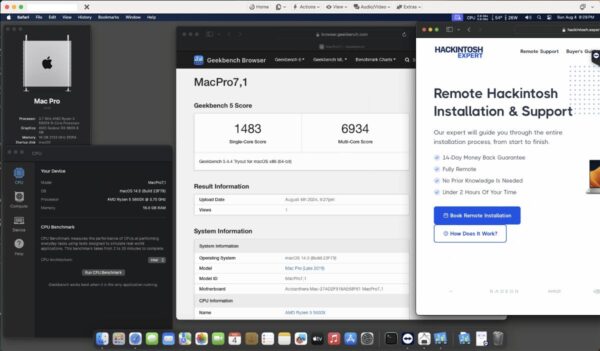 Screenshot of [MSI B550-A Pro] Hackintosh [Sonoma] success installation showing Geekbench performance scores [AMD Ryzen 5 5600X] and [RX 6600] with [MacPro 7,1] SMBIOS.