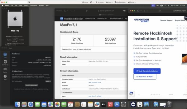 Screenshot of [Asus Rog Maximus DARK Hero Z790] Hackintosh [Sequoia] success installation showing Geekbench performance scores [i7-14900K] and [RX 6600 XT] with [MacPro 7,1] SMBIOS.