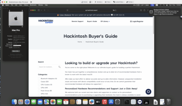 Screenshot of [MSI B450 Tomahawk Max] Hackintosh [Sequoia] success installation showing Geekbench performance scores [AMD Ryzen 5 3600] and [RX 5600 XT].