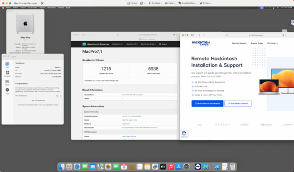 Screenshot of [MSI B360 GAMING PLUS] Hackintosh [Sequoia] success installation showing Geekbench performance scores [i7-9700K] and [RX 6650 XT].