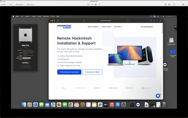 Screenshot of [Asus Prime B550M-A ] Hackintosh [Sequoia] success installation showing Geekbench performance scores [AMD Ryzen 9 5900X] and [RX 6600 XT] SMBIOS.