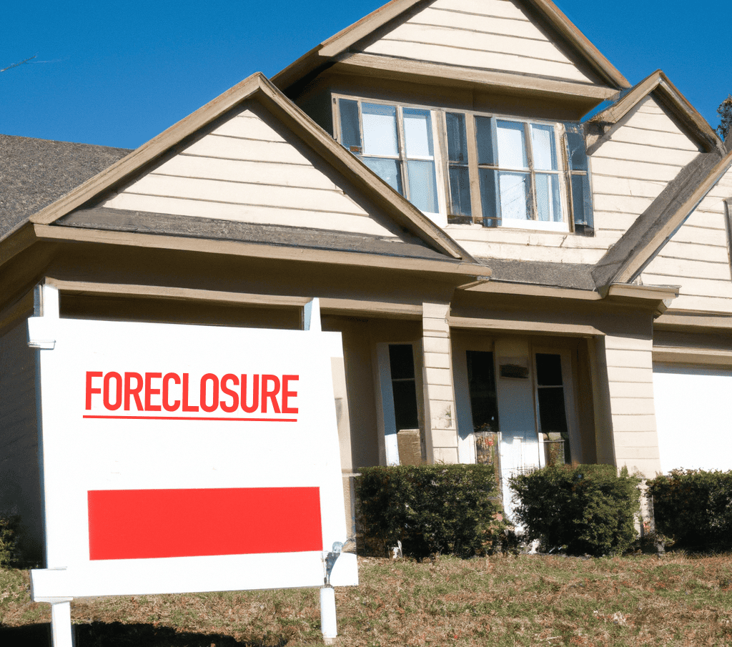Foreclosure sign in front of a house, real estate danger, housing market warning, property auction alert, housing crisis.