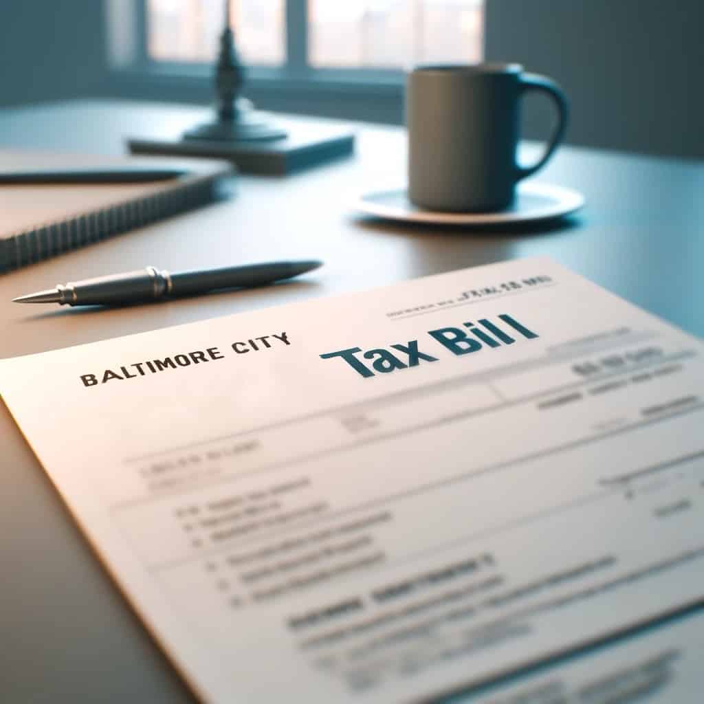 Tax bill on a desk with a pen, mug, and notebook for real estate tax planning.