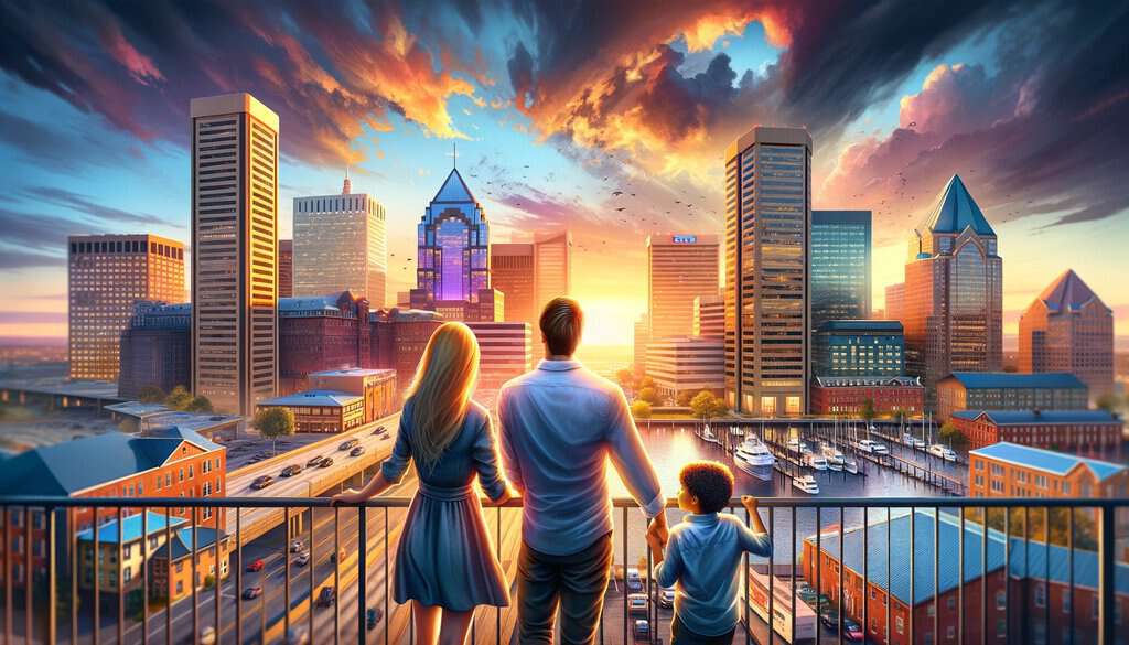 Stunning city skyline at sunset with family enjoying view from balcony, highlighting urban living and real estate opportunities.
