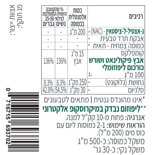 ליפוזמין Zn תווית אבץ פיקולינט ליפוזומלי - 60 כמוסות - קטגוריה 5