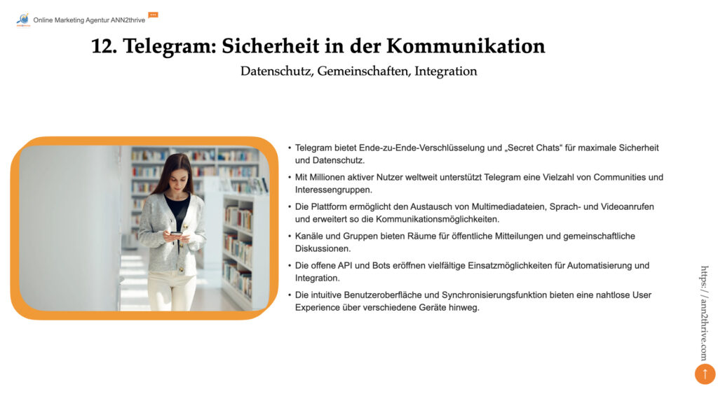 Titel: Telegram: Sicherheit und Vielseitigkeit in der Kommunikation Untertitel: Datenschutz, Gemeinschaften, Integration Hauptaussagen: - Telegram bietet Ende-zu-Ende-Verschlüsselung und „Secret Chats“ für maximale Sicherheit und Datenschutz. - Mit Millionen aktiver Nutzer weltweit unterstützt Telegram eine Vielzahl von Communities und Interessengruppen. - Die Plattform ermöglicht den Austausch von Multimediadateien, Sprach- und Videoanrufen und erweitert so die Kommunikationsmöglichkeiten. - Kanäle und Gruppen bieten Räume für öffentliche Mitteilungen und gemeinschaftliche Diskussionen. - Die offene API und Bots eröffnen vielfältige Einsatzmöglichkeiten für Automatisierung und Integration. - Die intuitive Benutzeroberfläche und Synchronisierungsfunktion bieten eine nahtlose User Experience über verschiedene Geräte hinweg.