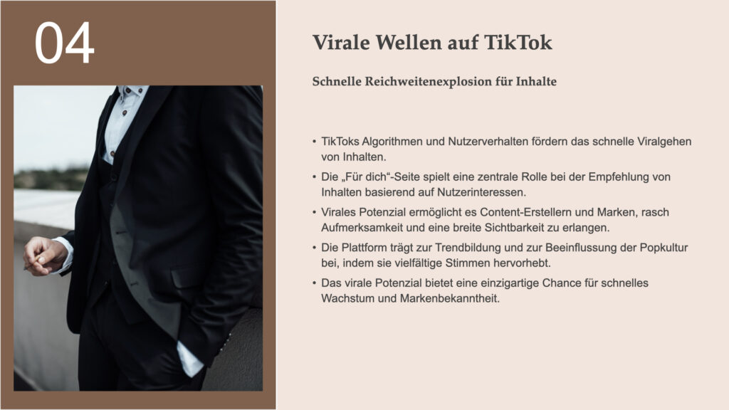 Titel: Virale Wellen auf TikTok Untertitel: Schnelle Reichweitenexplosion für Inhalte Hauptaussagen: - TikToks Algorithmen und Nutzerverhalten fördern das schnelle Viralgehen von Inhalten. - Die „Für dich“-Seite spielt eine zentrale Rolle bei der Empfehlung von Inhalten basierend auf Nutzerinteressen. - Virales Potenzial ermöglicht es Content-Erstellern und Marken, rasch Aufmerksamkeit und eine breite Sichtbarkeit zu erlangen. - Die Plattform trägt zur Trendbildung und zur Beeinflussung der Popkultur bei, indem sie vielfältige Stimmen hervorhebt. - Das virale Potenzial bietet eine einzigartige Chance für schnelles Wachstum und Markenbekanntheit.