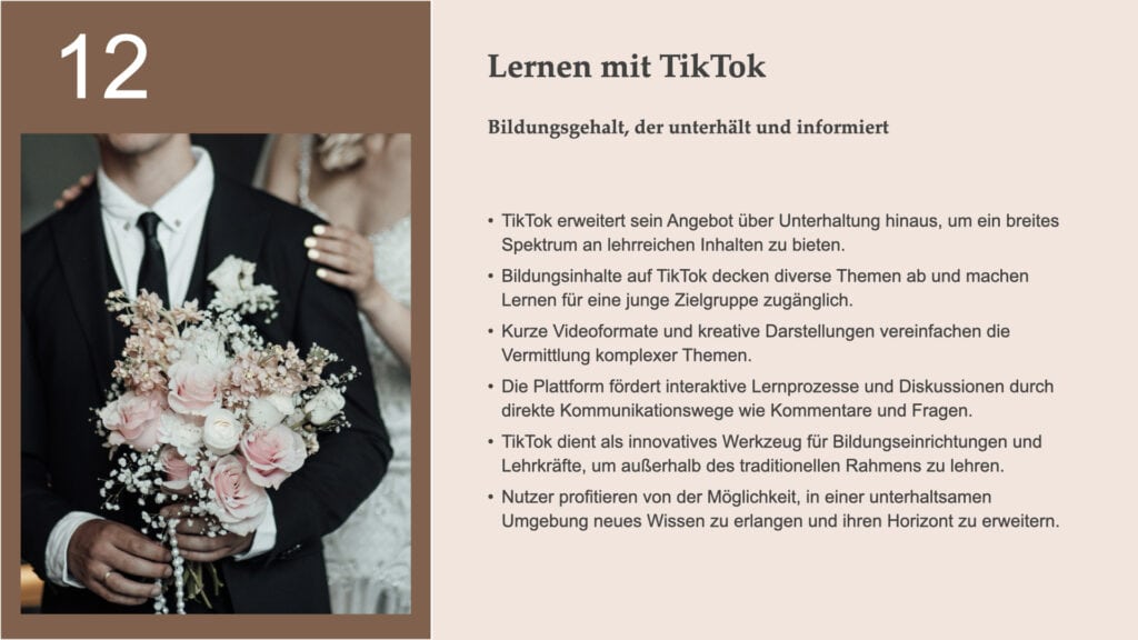 Titel: Lernen mit TikTok Untertitel: Bildungsgehalt, der unterhält und informiert Hauptaussagen: - TikTok erweitert sein Angebot über Unterhaltung hinaus, um ein breites Spektrum an lehrreichen Inhalten zu bieten. - Bildungsinhalte auf TikTok decken diverse Themen ab und machen Lernen für eine junge Zielgruppe zugänglich. - Kurze Videoformate und kreative Darstellungen vereinfachen die Vermittlung komplexer Themen. - Die Plattform fördert interaktive Lernprozesse und Diskussionen durch direkte Kommunikationswege wie Kommentare und Fragen. - TikTok dient als innovatives Werkzeug für Bildungseinrichtungen und Lehrkräfte, um außerhalb des traditionellen Rahmens zu lehren. - Nutzer profitieren von der Möglichkeit, in einer unterhaltsamen Umgebung neues Wissen zu erlangen und ihren Horizont zu erweitern.