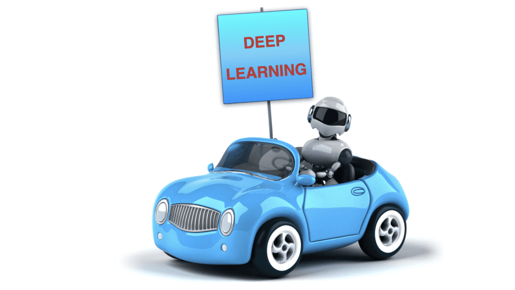 Das Bild zeigt eine dreidimensionale Illustration, die sich auf das Thema "Tiefes Lernen" (Deep Learning) bezieht. Im Vordergrund befindet sich ein stilisiertes blaues Auto mit einem vereinfachten, cartoonhaften Design. Am Steuer des Autos sitzt ein Roboter mit einer silbernen, glänzenden Oberfläche und einem schwarzen Visier, was wahrscheinlich als Gesicht interpretiert werden kann. Über dem Auto ist ein großes Schild mit der Aufschrift "DEEP LEARNING" in Großbuchstaben angebracht, das auf einen Stab montiert ist, der anscheinend direkt vom Auto gehalten wird. Das Schild hat einen kräftigen Blauton, der sich von der Farbe des Autos unterscheidet, und die Schrift ist in einer einfachen, lesbaren Schriftart gehalten. Diese Darstellung könnte symbolisieren, wie Deep Learning-Technologie die Fahrt in die Zukunft der Automatisierung und künstlichen Intelligenz steuert. Der Roboter als Fahrer könnte darauf hinweisen, dass Maschinen, die mit Deep Learning ausgestattet sind, zunehmend komplexere Aufgaben autonom ausführen können. Das Bild hat einen freundlichen und zugänglichen Charakter, was darauf hindeuten könnte, dass der Blogbeitrag Deep Learning in einer benutzerfreundlichen und leicht verständlichen Weise erklären wird.