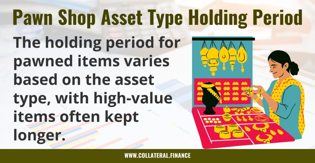 The holding period for pawned items varies based on the asset type, with high-value items often kept longer.