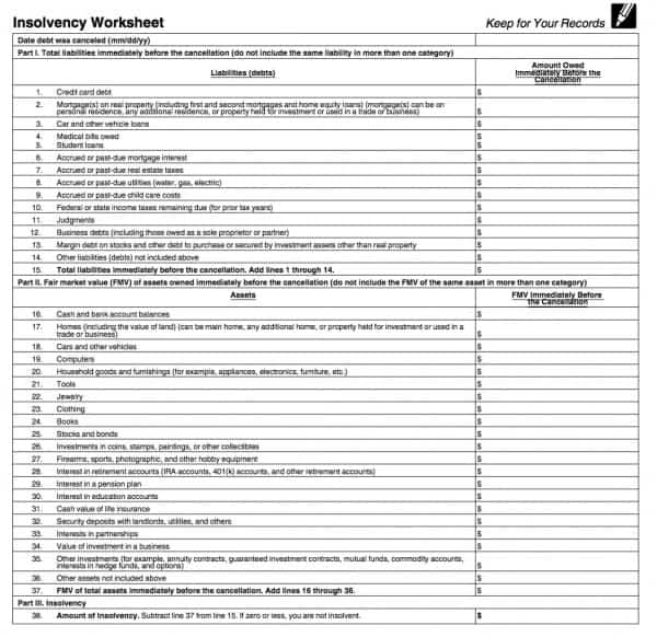 Irs insolvency worksheet