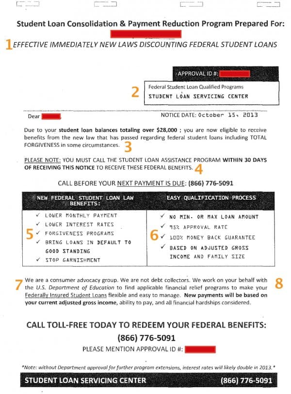 Student loan servicing center mailer