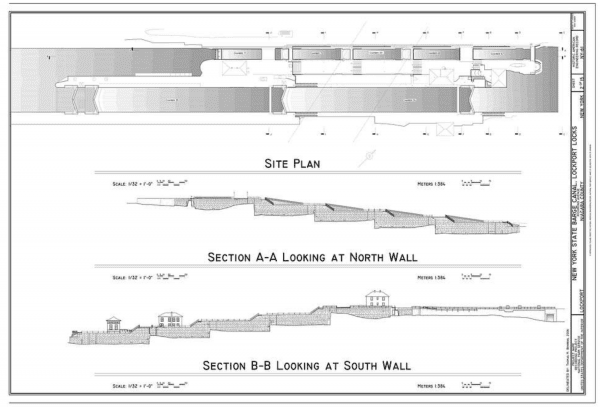 Blueprint of new york state barges for lockport locks, featuring site plan and sectional views.