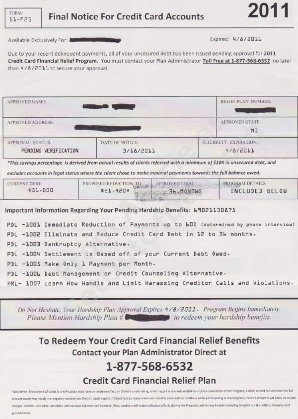 Credit card financial relief plan