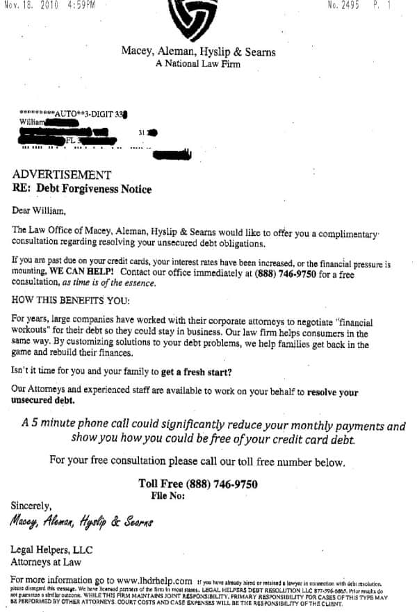 Legal helpers debt resolution letter