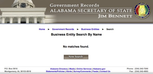 The results of a search for united debt services to see if they are registered to do business in alabama.