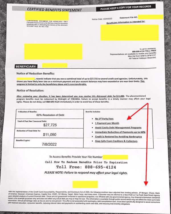 Certified benefits statement debt relief mailer