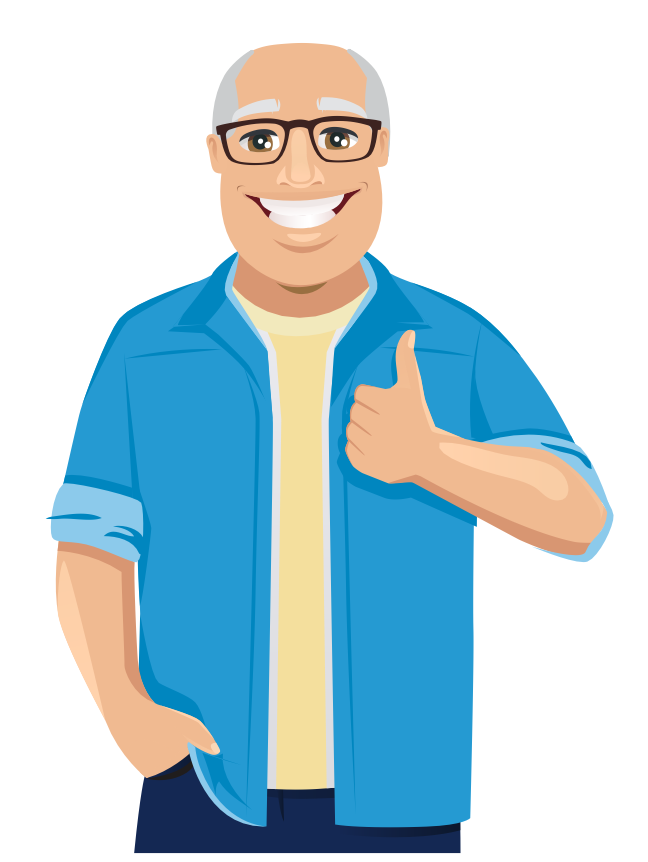Wow, this is a cartoon illustration of a man giving a thumbs-up, smiling confidently, dressed casually in a blue jacket.