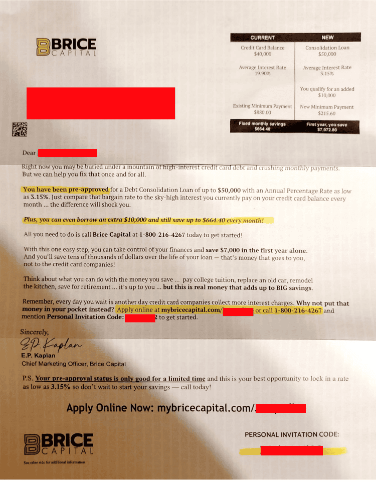 Pre-approved debt consolidation loan offer with savings and low interest rates from brice capital.