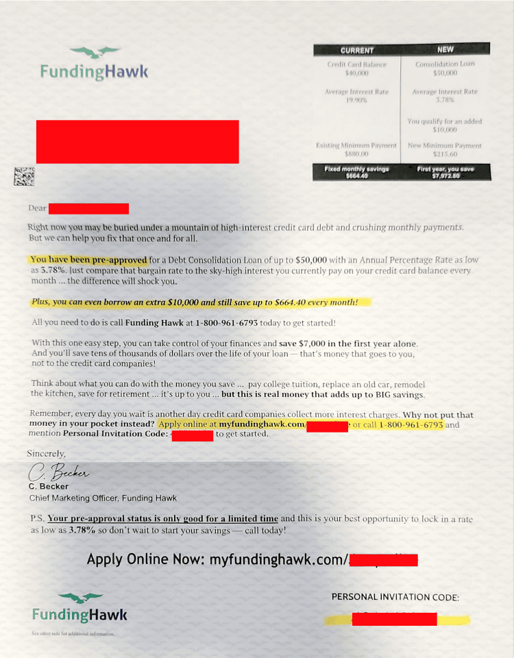 Pre-approved debt consolidation loan offer with high savings and low interest rate.