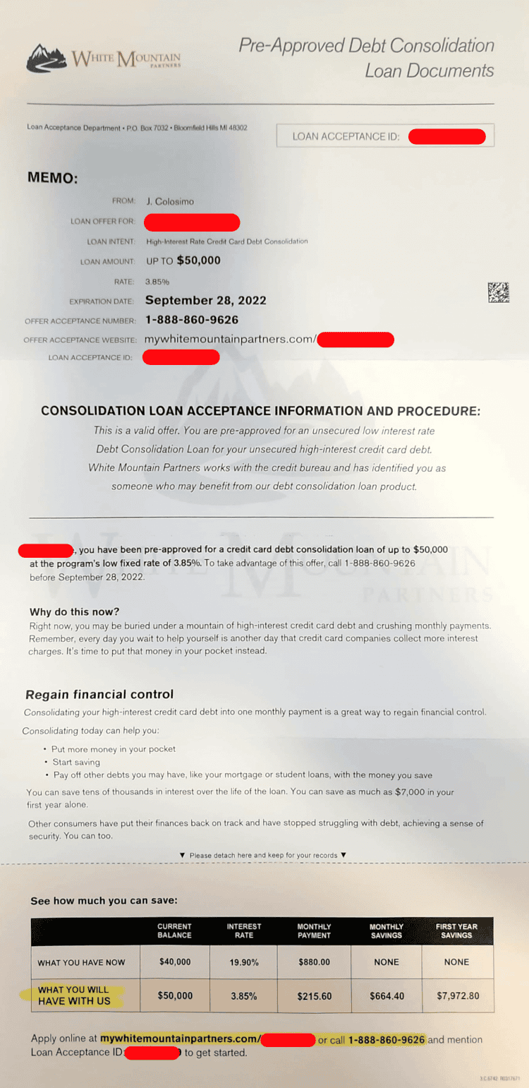 White mountain partners tries this new trick to get you to open debt relief offer ,000 high-interest credit card debt consolidation loan document for debt relief and financial recovery.